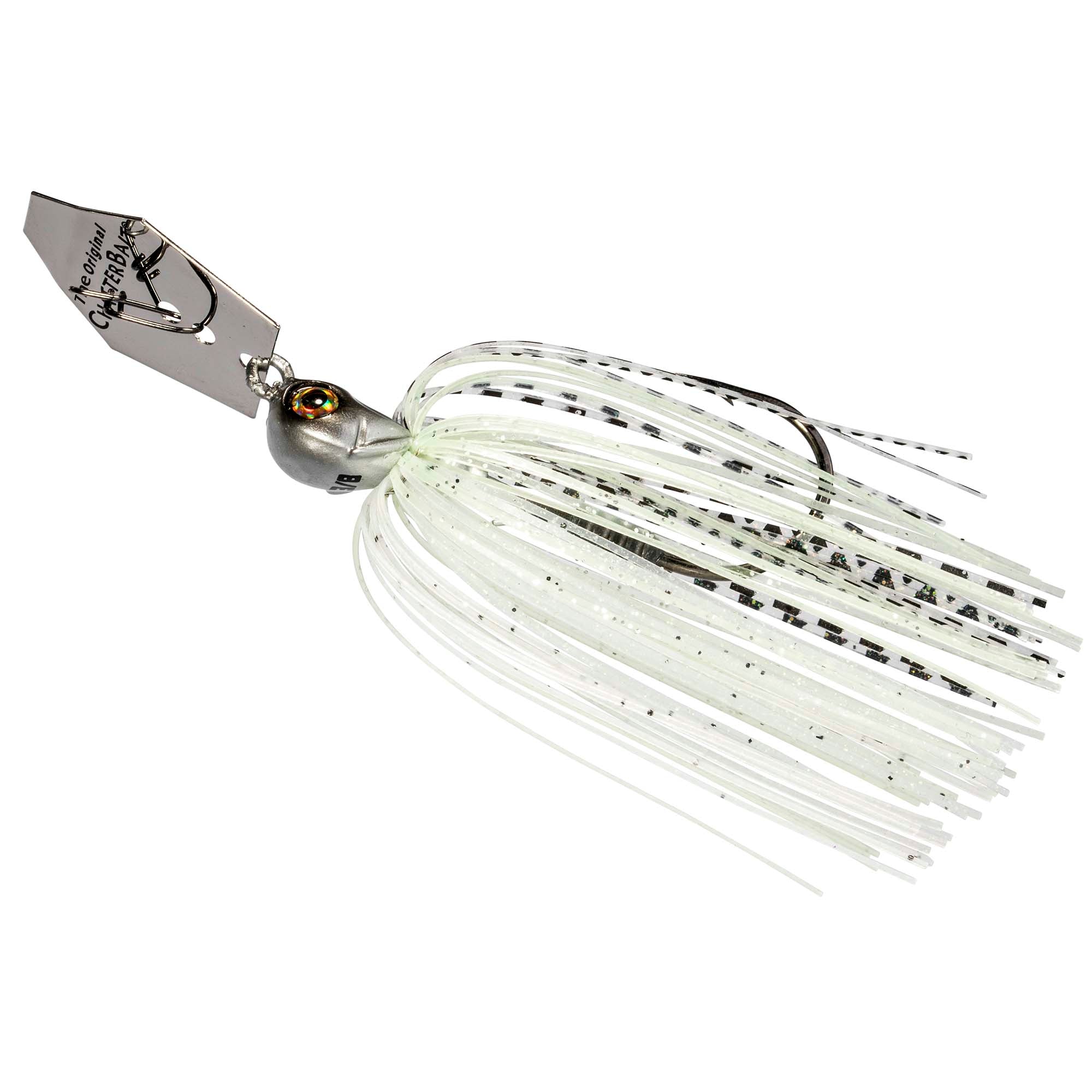 White and silver chatterbait lure with black speckled strands and shiny metal blade