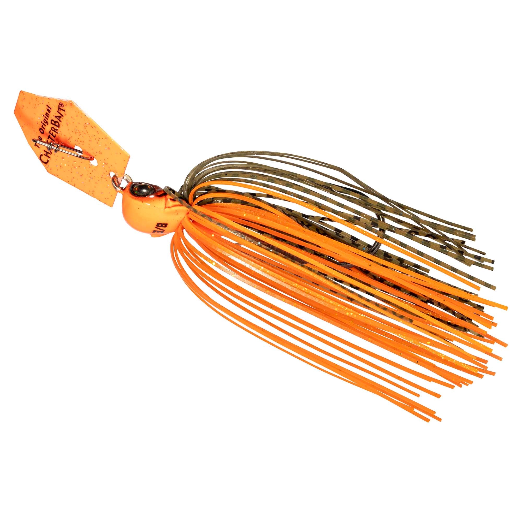 Chatterbait lure with bright orange skirt strands, black-green head, and spinner blade.