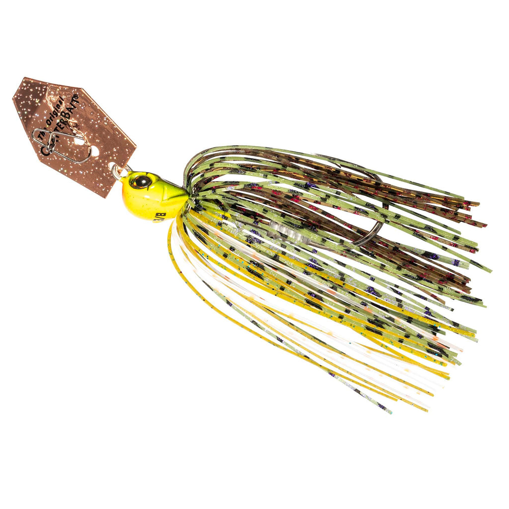 Chatterbait lure with yellow-green skirt strands, gold head, and speckled spinner blade.