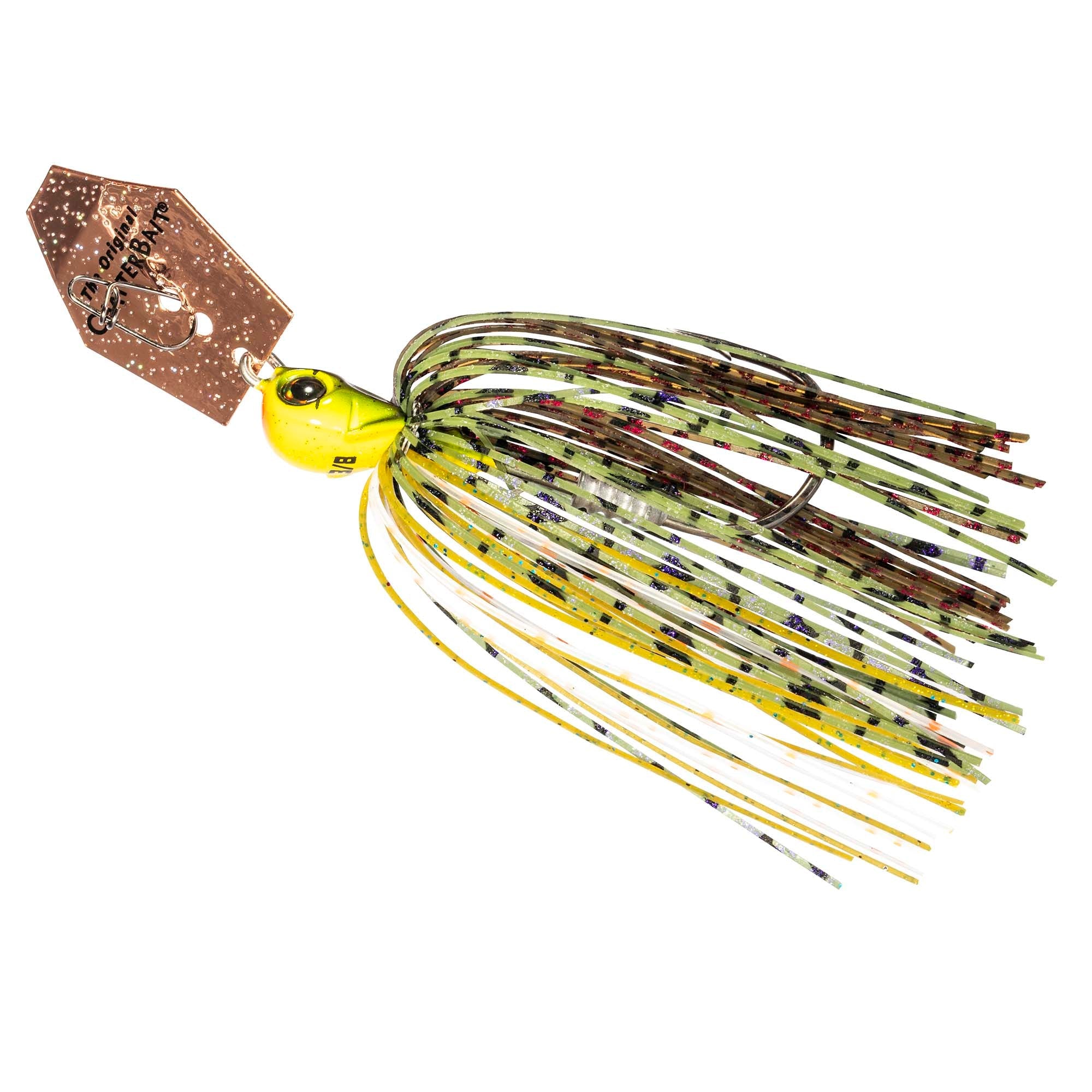Chatterbait lure with yellow-green skirt strands, gold head, and speckled spinner blade.