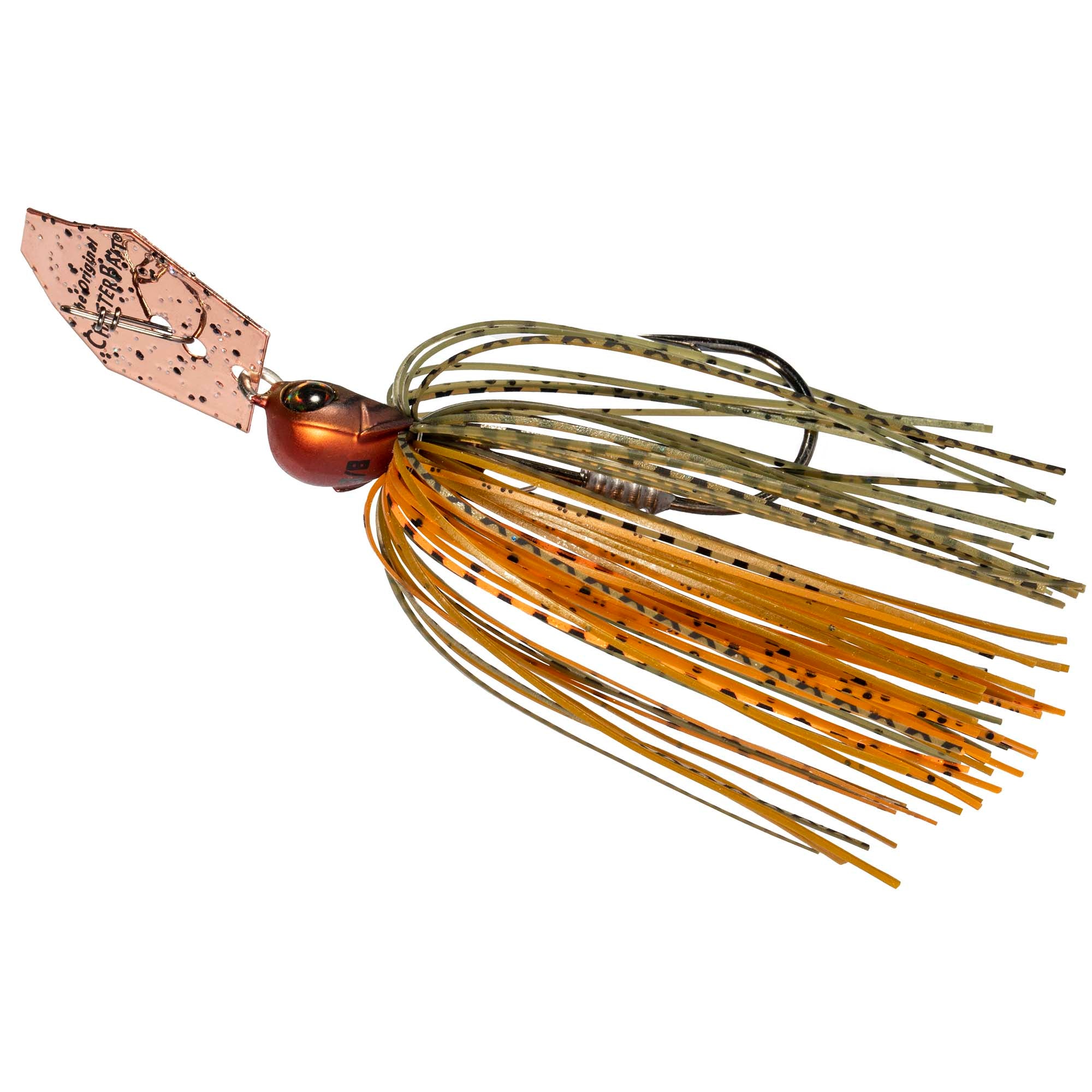 Chatterbait lure with orange skirt strands, copper head, and green-brown spinner blade.