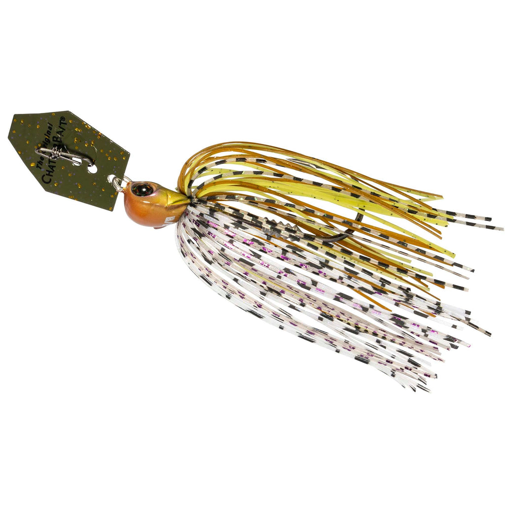 Gold and black speckled chatterbait jig with wire skirt and spinner blade