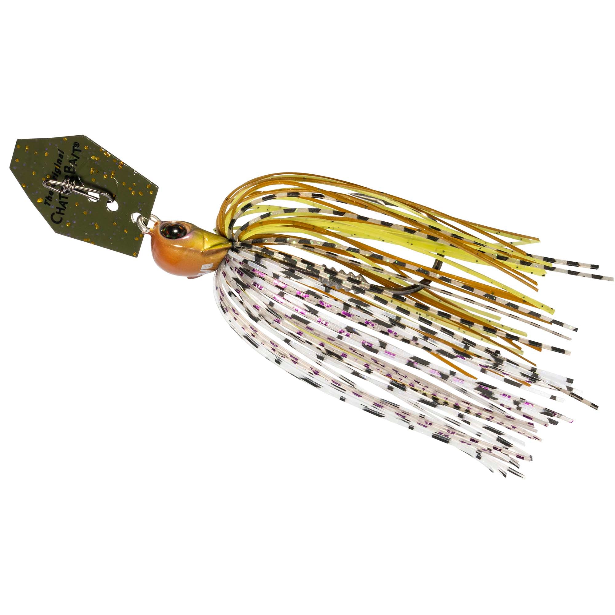 Gold and black speckled chatterbait jig with wire skirt and spinner blade