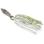 Chatterbait lure with white skirt strands and neon speckles, silver blade, yellow eye head.