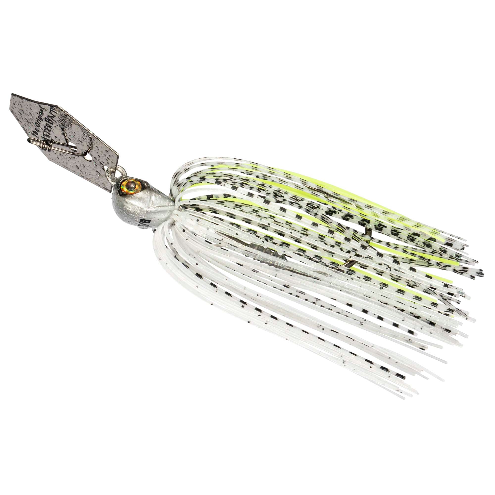 Chatterbait lure with white skirt strands and neon speckles, silver blade, yellow eye head.