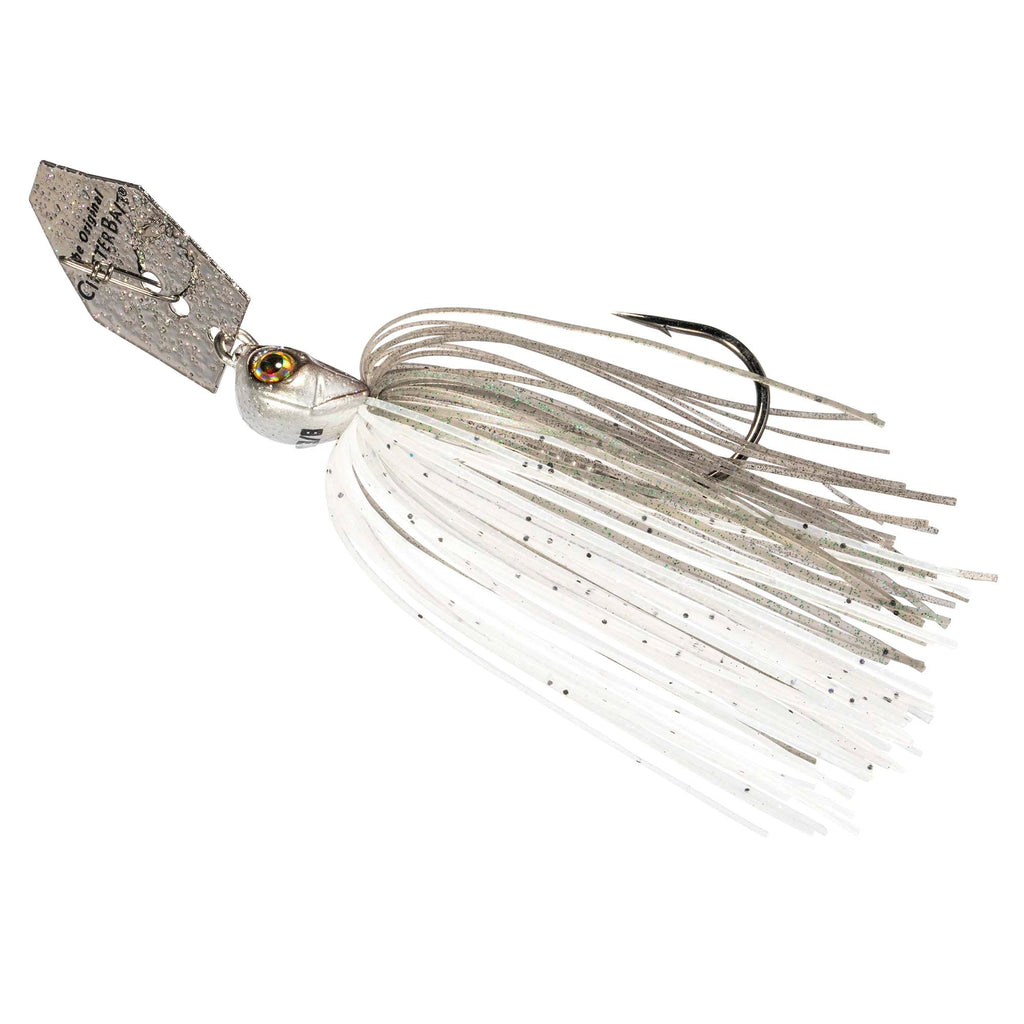 Chatterbait lure with white-gray skirt strands and speckles, silver blade, orange eye head.