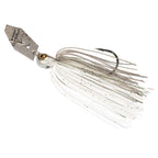 Chatterbait lure with white-gray skirt strands and speckles, silver blade, orange eye head.