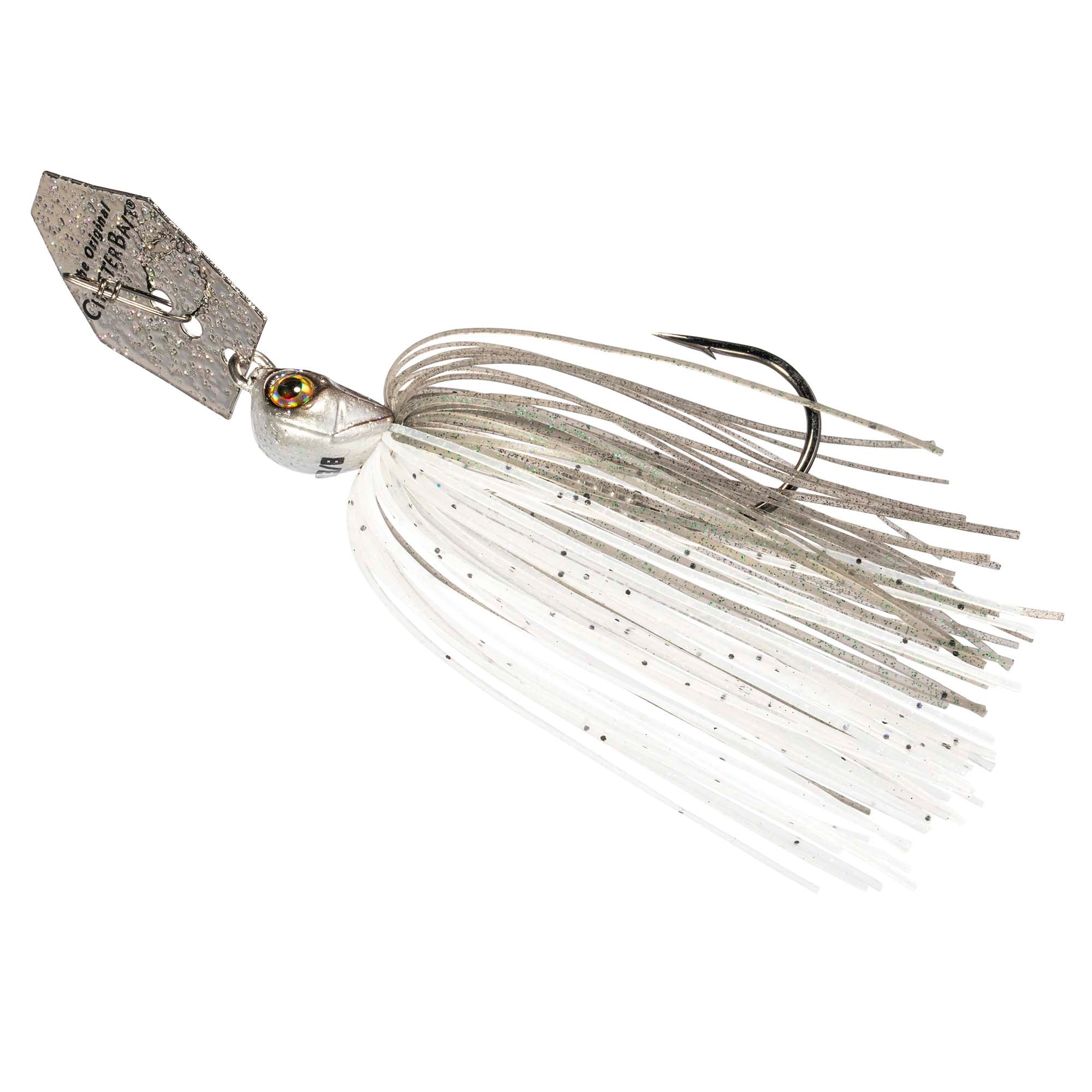 Chatterbait lure with white-gray skirt strands and speckles, silver blade, orange eye head.
