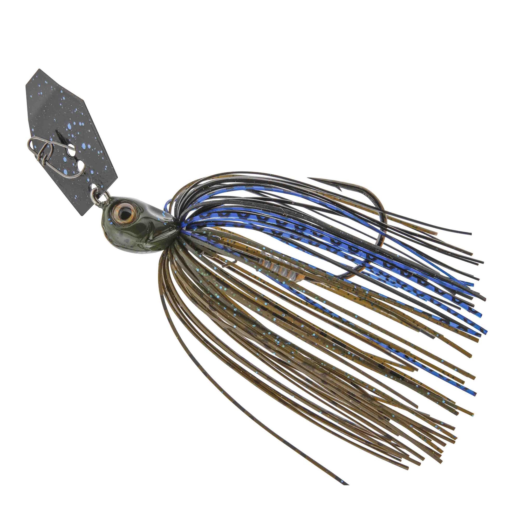 Chatterbait lure with blue-and-gold skirt strands, olive head, and dark spinner blade.