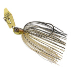 Chatterbait fishing lure with white-and-gold skirt, black speckles, gold blade, hook
