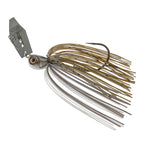 Chatterbait lure with gold head, white and olive wire skirt, black hook