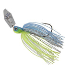 Chatterbait lure with blue-and-chartreuse skirt strands, green head, and silver spinner blade.