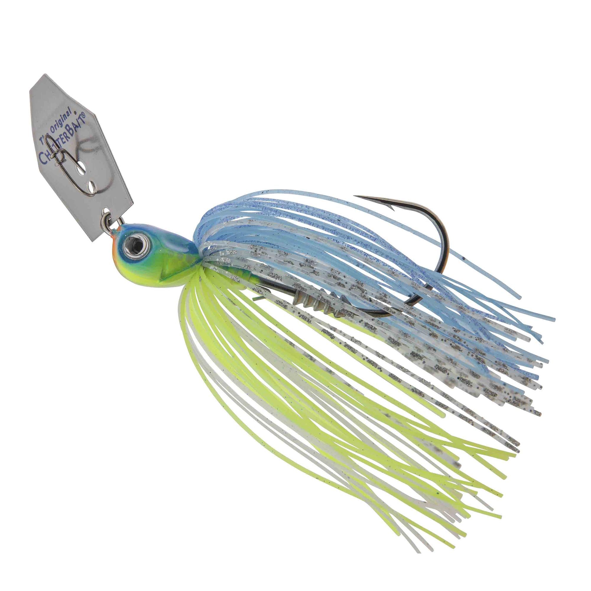 Chatterbait lure with blue head, lime and blue striped wire skirt, curved hooks