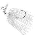 Fishing jig lure with white head, clear white skirt strands, and white spinner blade