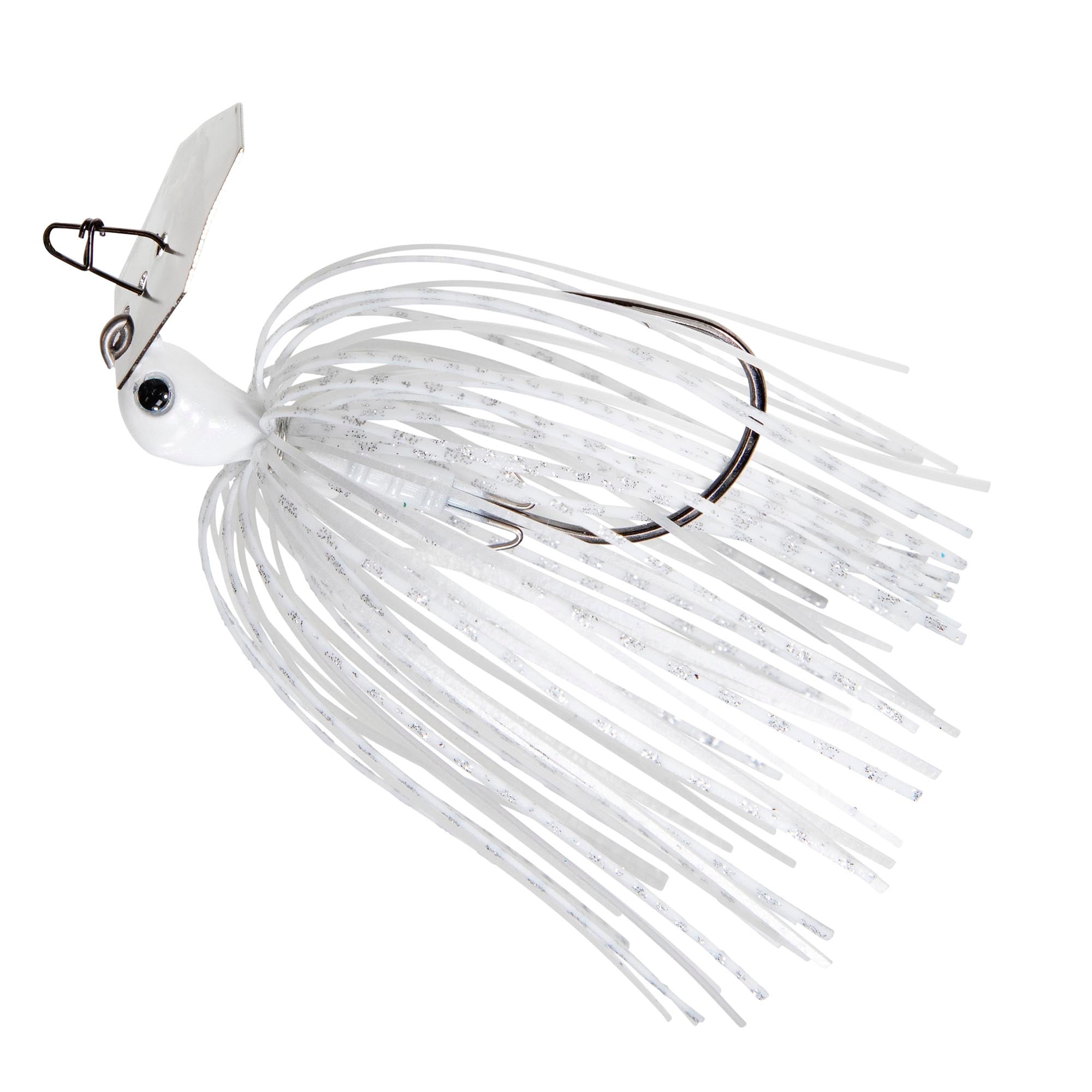 Fishing jig lure with white head, clear white skirt strands, and white spinner blade