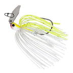 Fishing jig lure with white head, chartreuse top skirt strands, and spinner blade