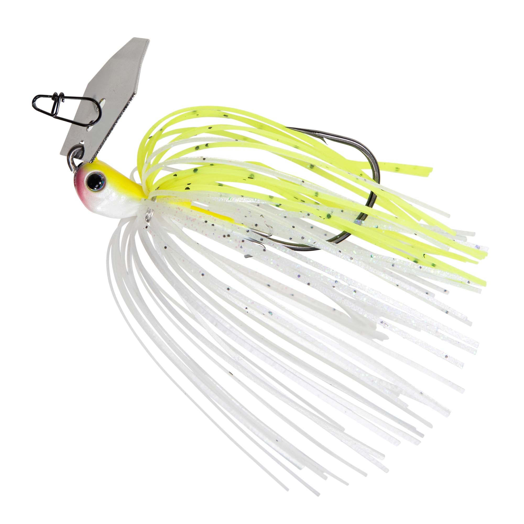 Fishing jig lure with white head, chartreuse top skirt strands, and spinner blade
