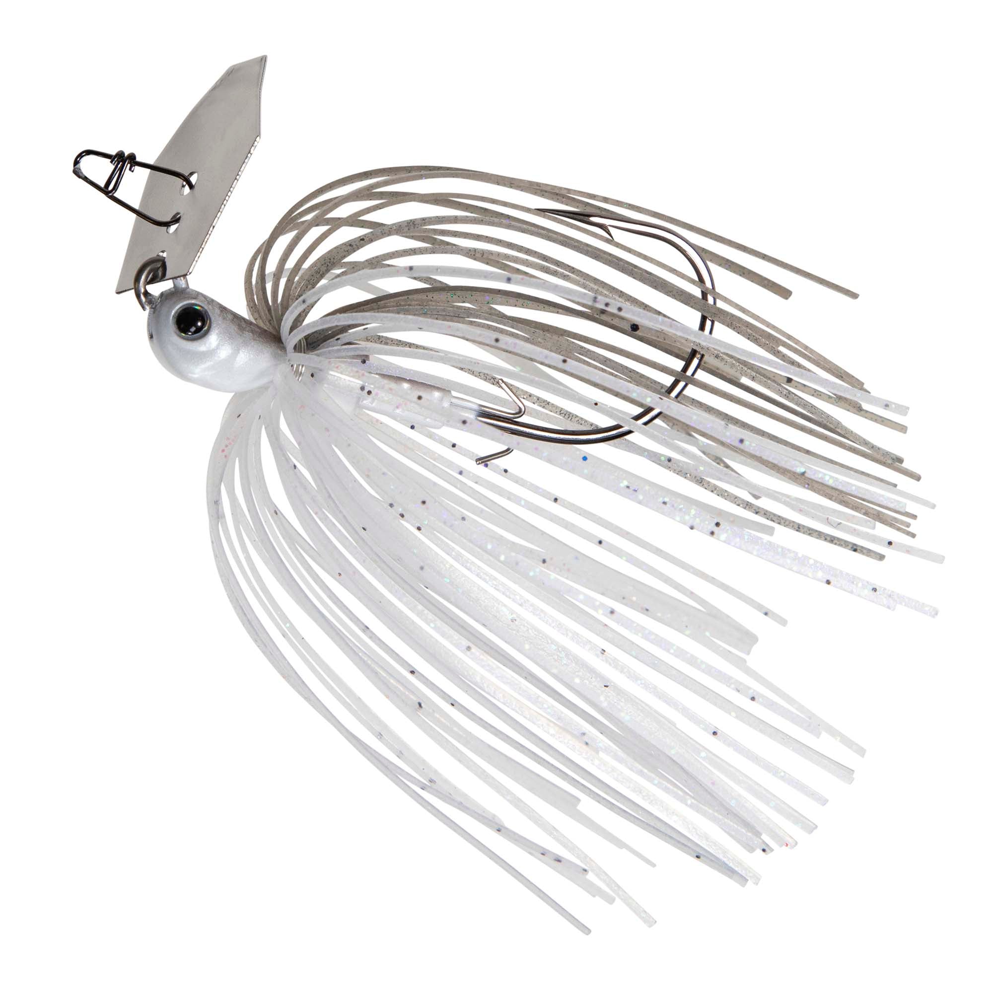 Fishing jig lure with white head, speckled white skirt strands, and silver spinner blade