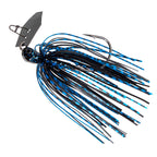 ChatterBait lure with blue and black skirt, dark head, and metal chatter blade