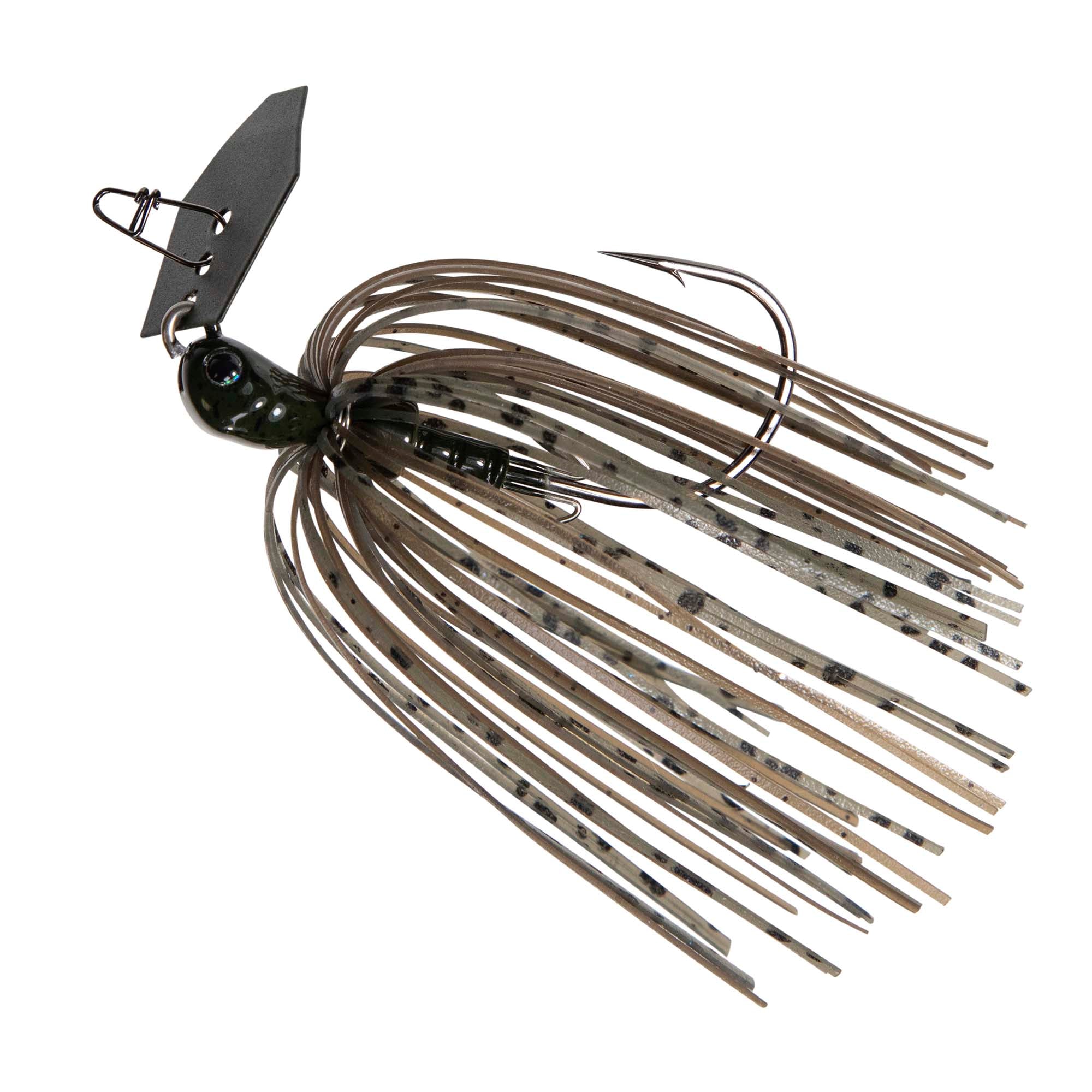 ChatterBait lure with brown camo skirt, dark head, and metal chatter blade