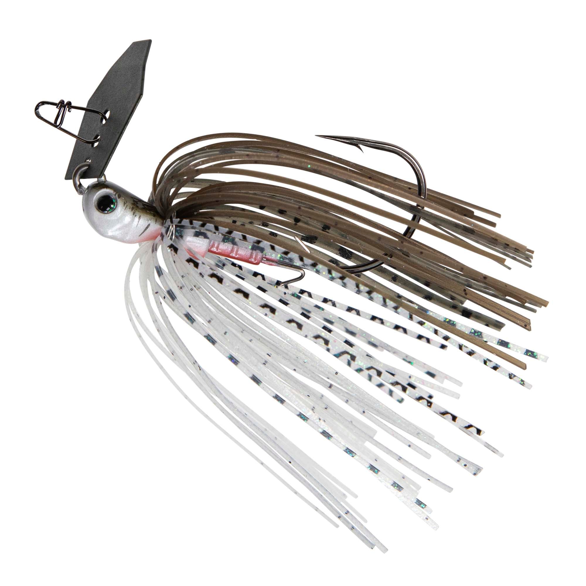 ChatterBait lure with white skirt and black specks, silver head, and chatter blade