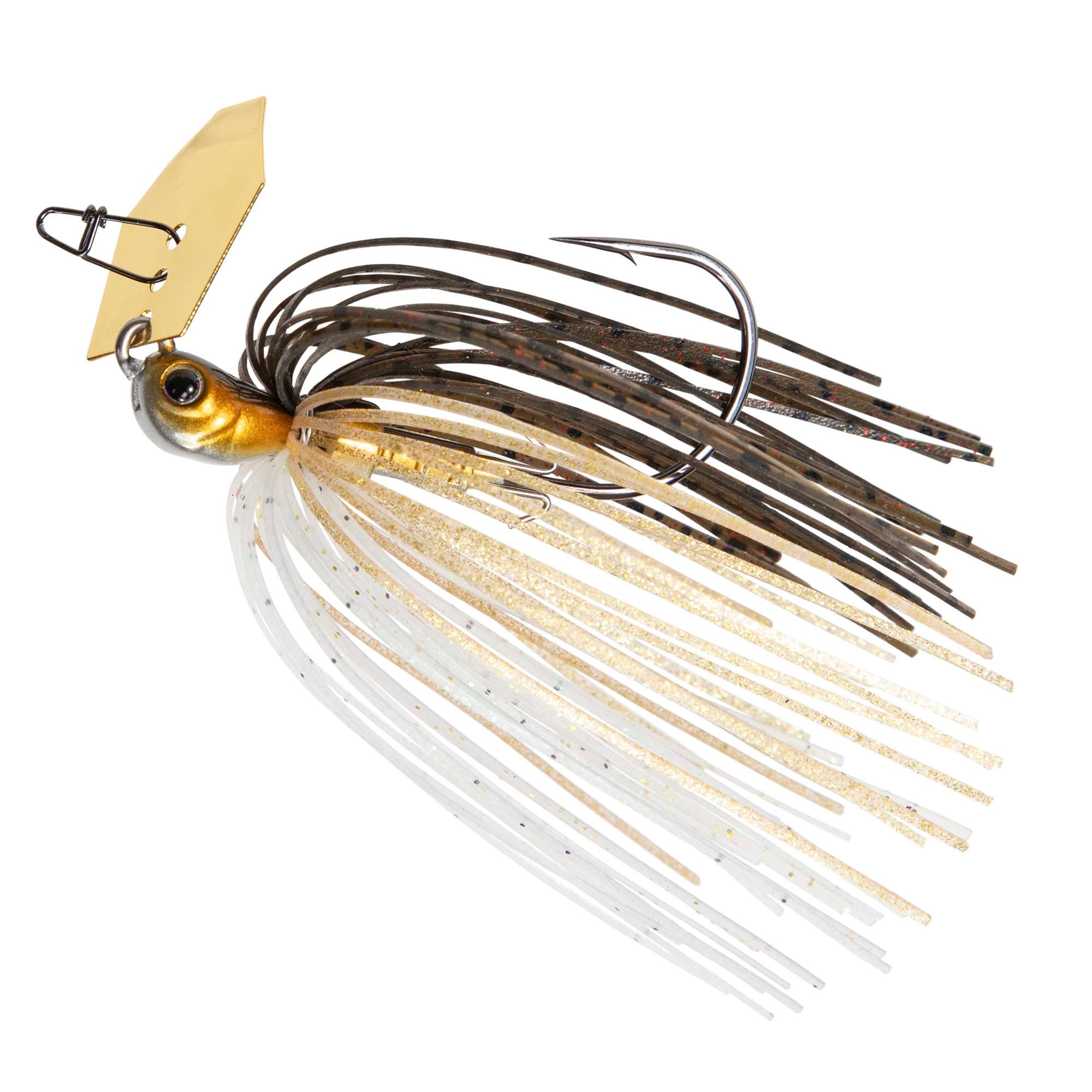 Gold and white chatterbait fishing lure with spinning skirt and dark metal blade