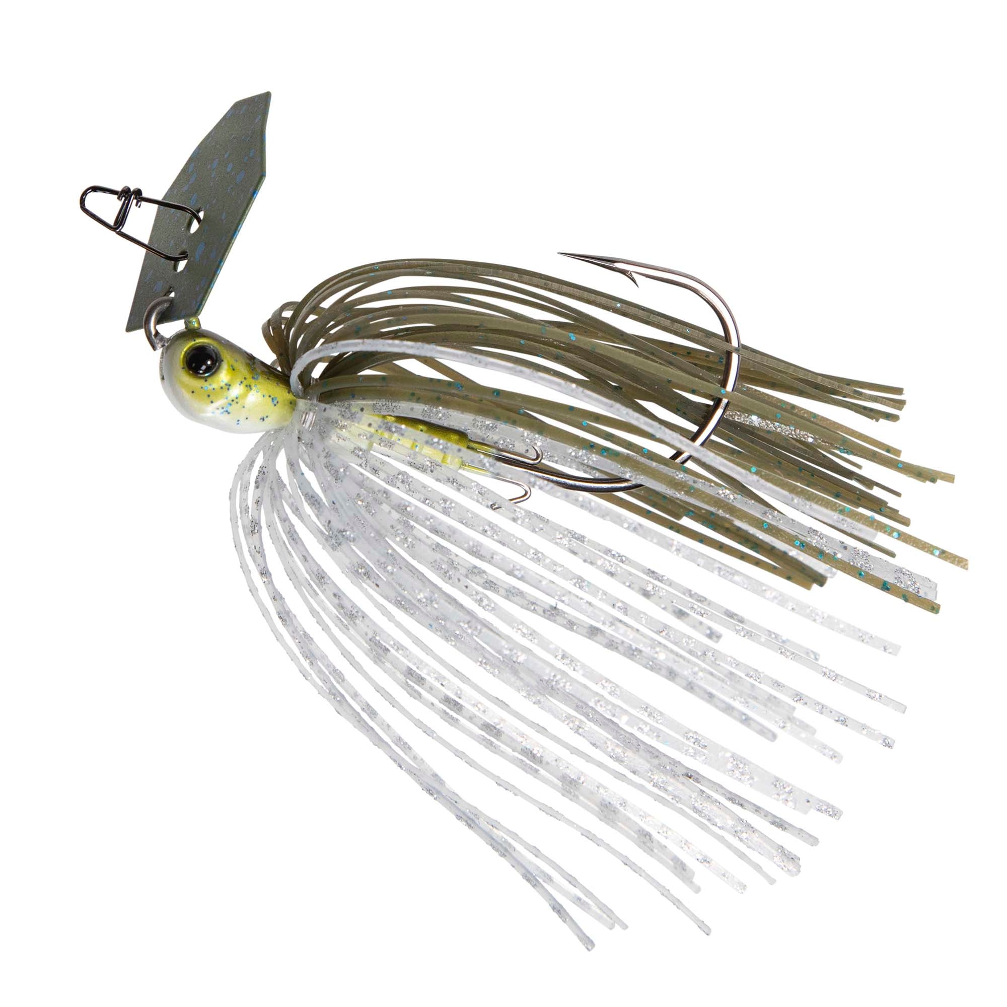 ChatterBait lure with white skirt and olive/brown strands, chartreuse head, chatter blade