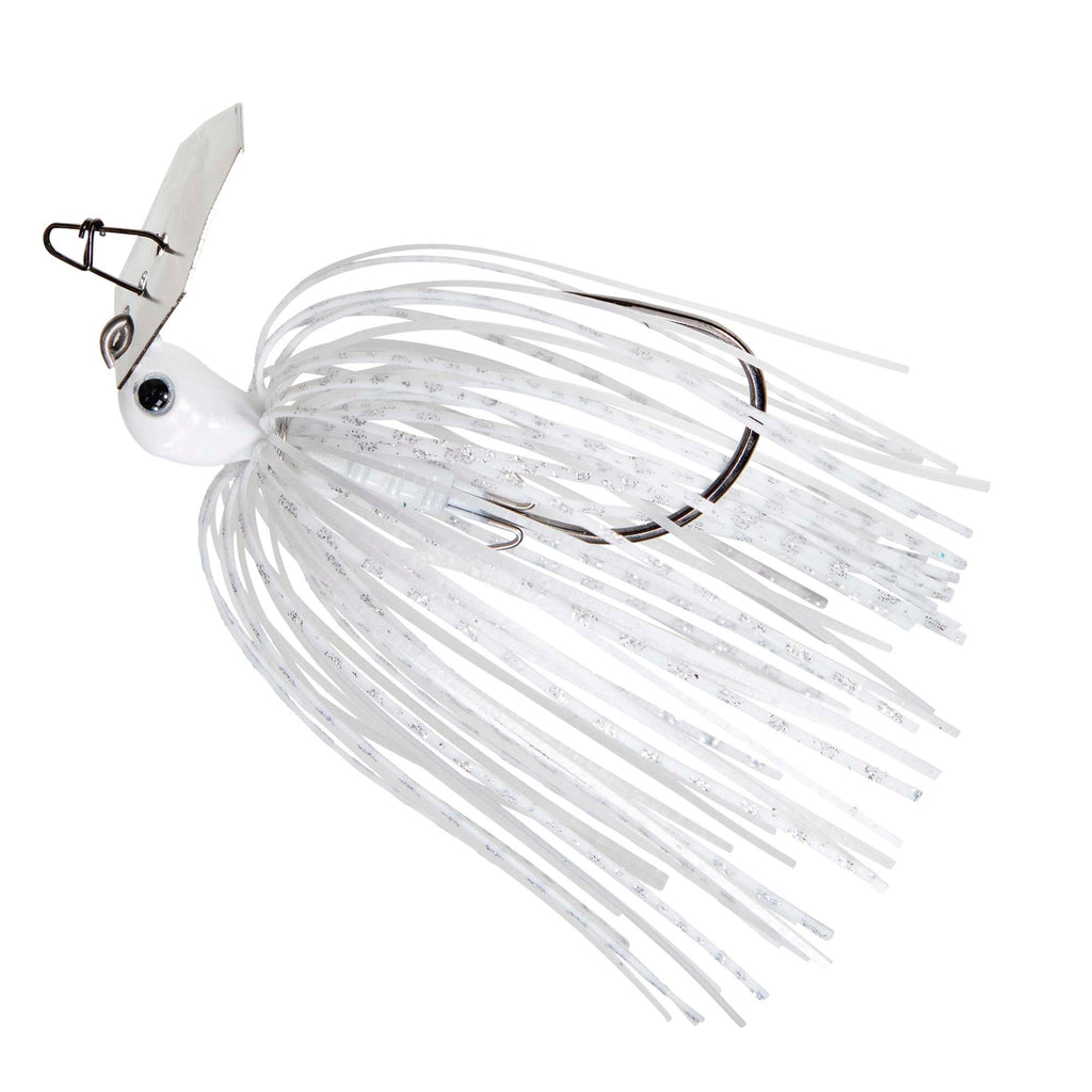 White chatterbait fishing lure with silvery skirt, bucktail strands, and silver metal blade