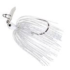 White chatterbait fishing lure with silvery skirt, bucktail strands, and silver metal blade