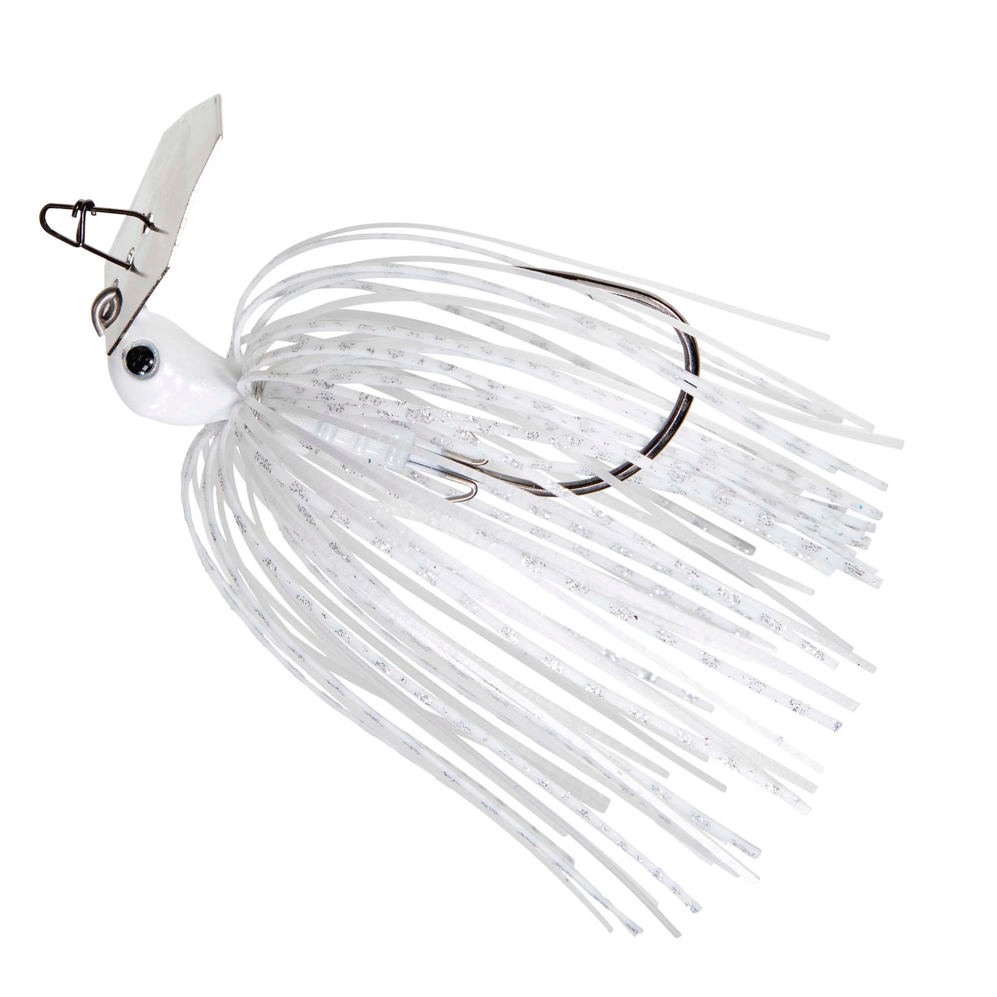 White chatterbait fishing lure with silvery skirt, bucktail strands, and silver metal blade