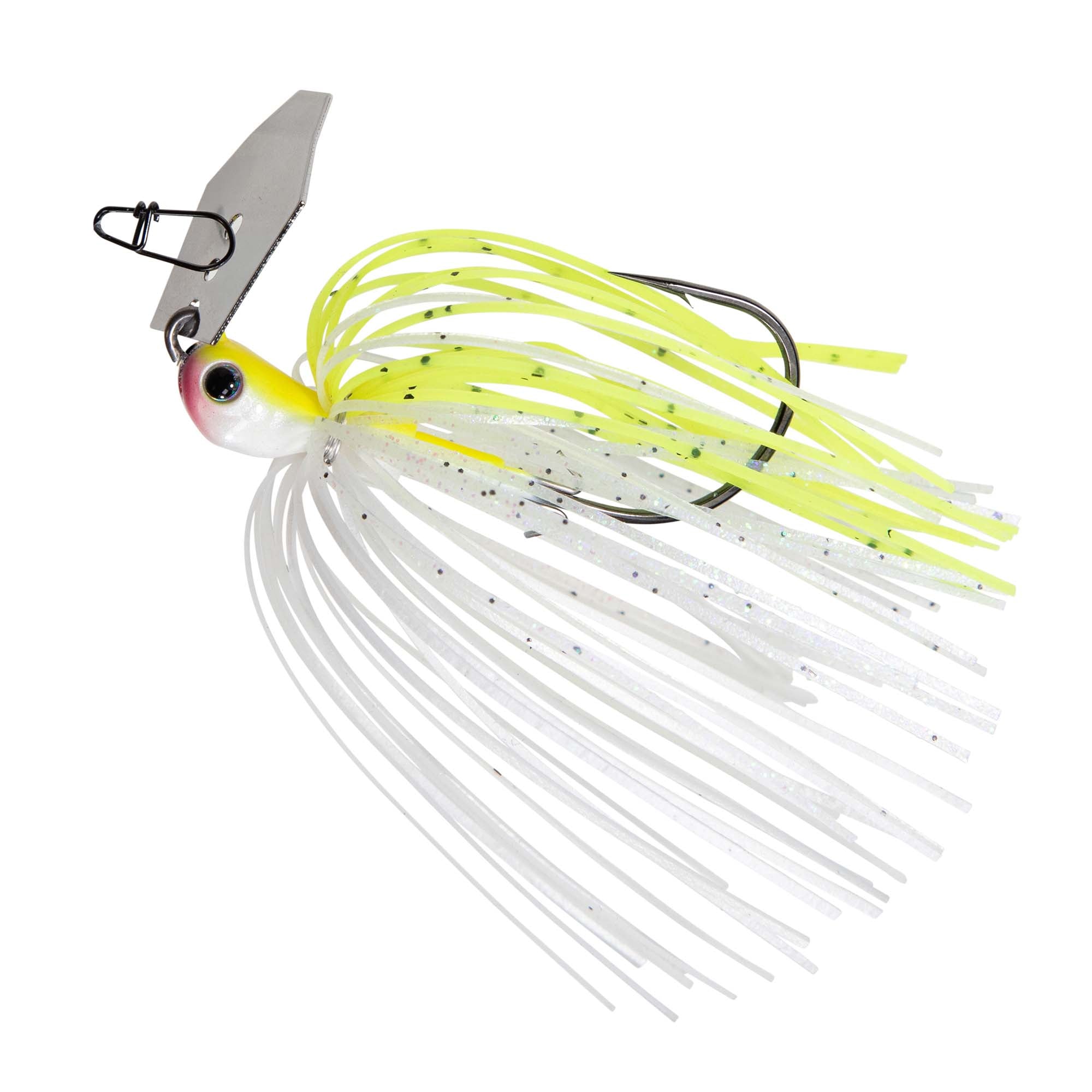 ChatterBait lure with white skirt, neon chartreuse strands, and metal chatter blade