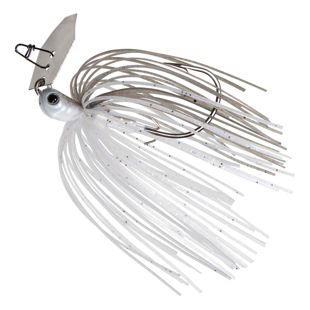 ChatterBait lure with white skirt, gray head, and dark metal chatter blade