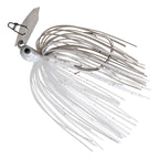 ChatterBait lure with white skirt, gray head, and dark metal chatter blade