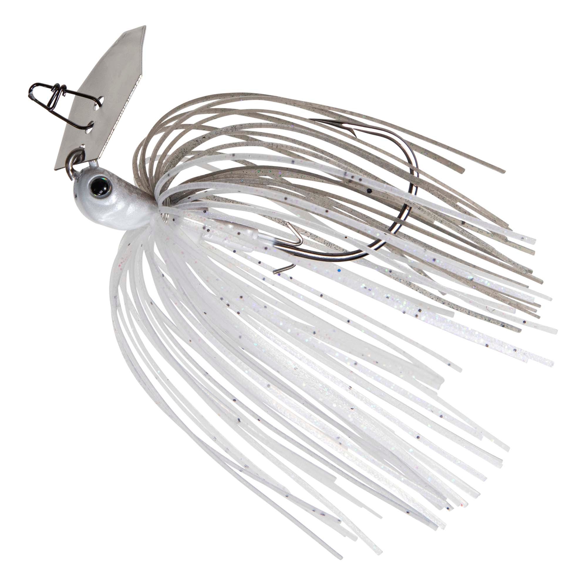 ChatterBait lure with white skirt, gray head, and dark metal chatter blade