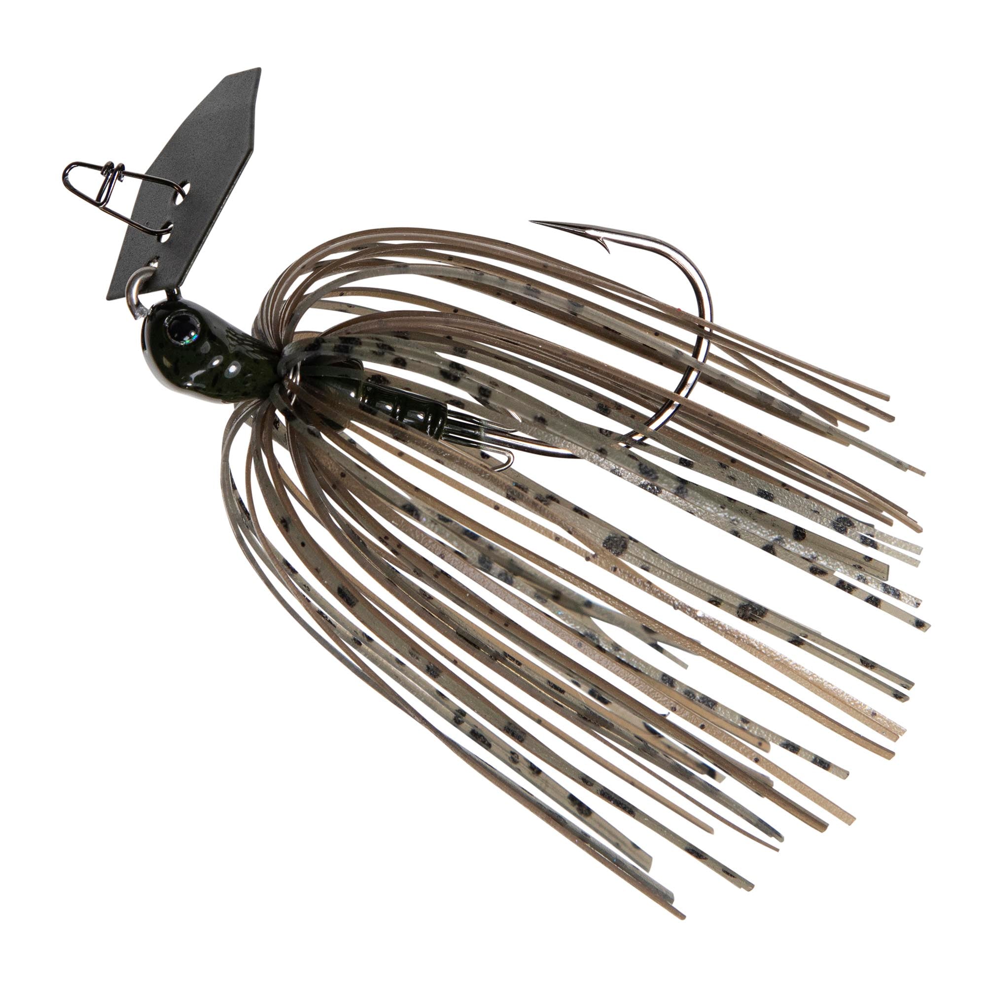Dark brown chatterbait fishing lure with speckled tan skirt and dark metal blade