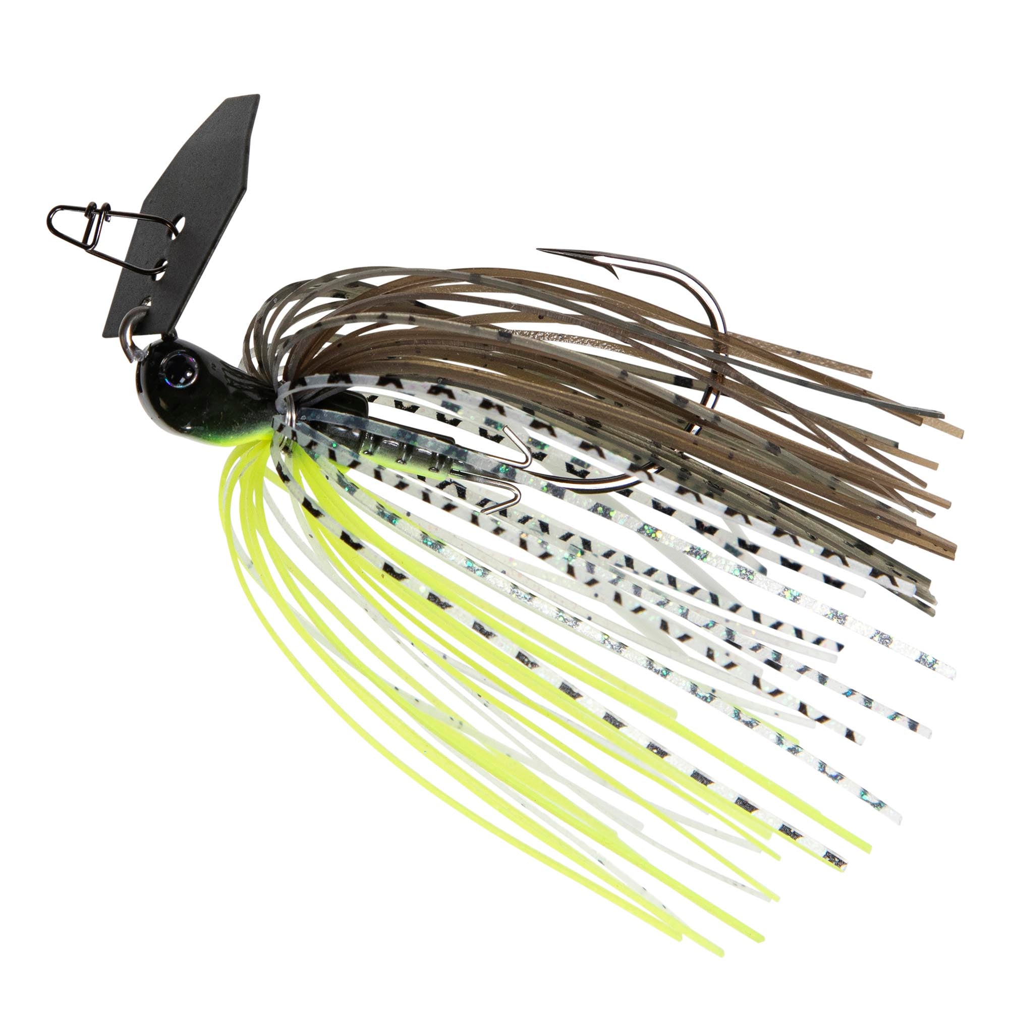 Black and chartreuse chatterbait fishing lure with white-and-green skirt and dark metal blade