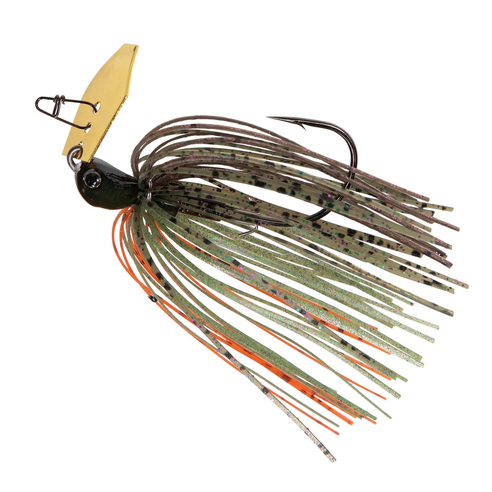 ChatterBait lure with green skirt, orange strands, dark head, and metal chatter blade