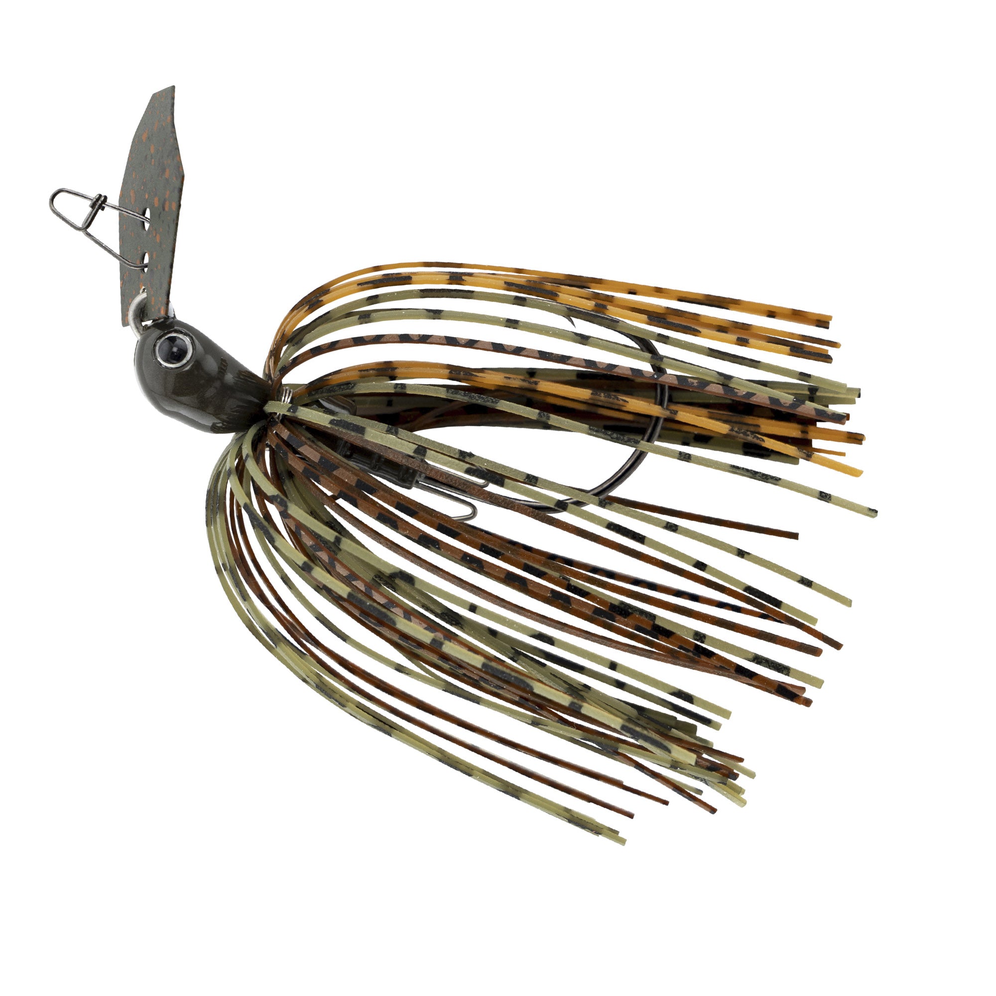 Spinnerbait fishing lure with dark brown and olive striped skirt and black metal blade