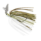 Spinnerbait fishing lure with white skirt and green-olive striped strands and silver blade