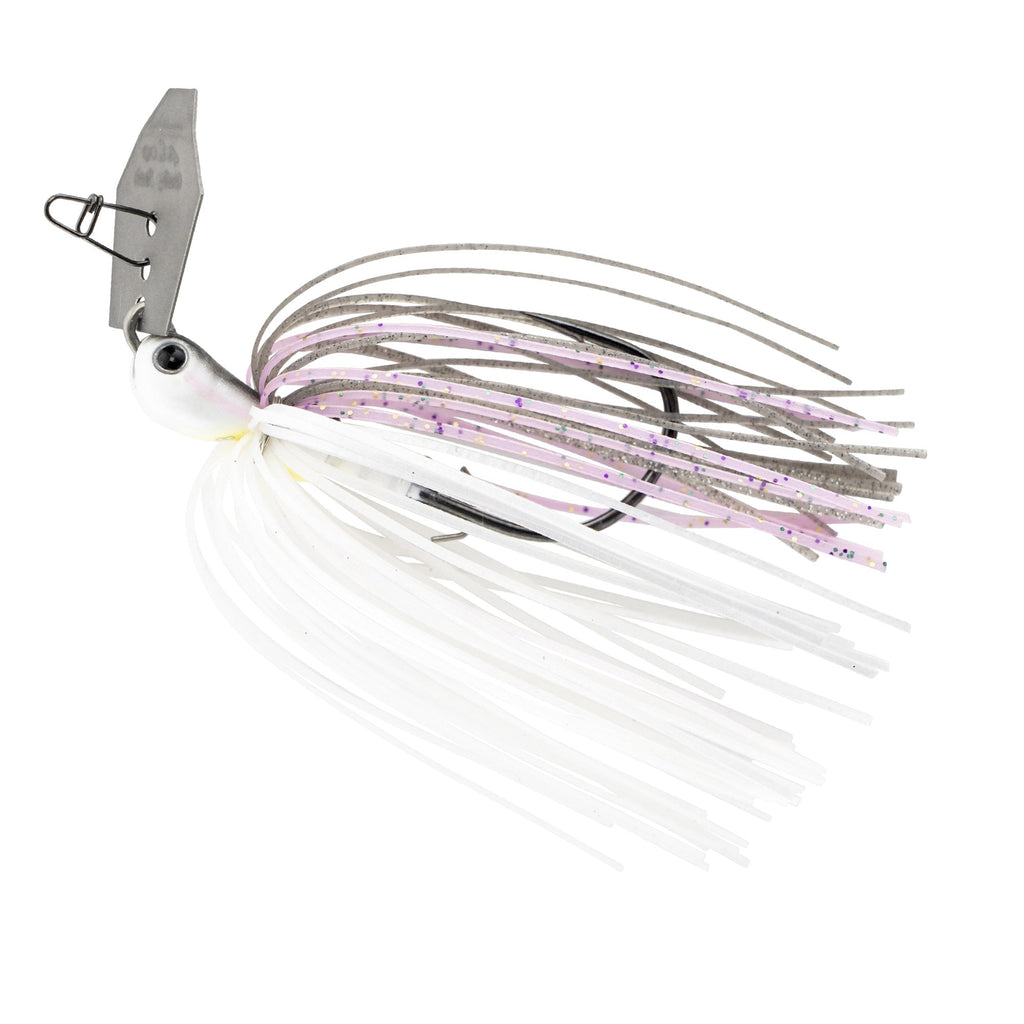 Spinnerbait fishing lure with white skirt and purple-speckled strands and silver blade
