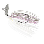 Spinnerbait fishing lure with white skirt and purple-speckled strands and silver blade