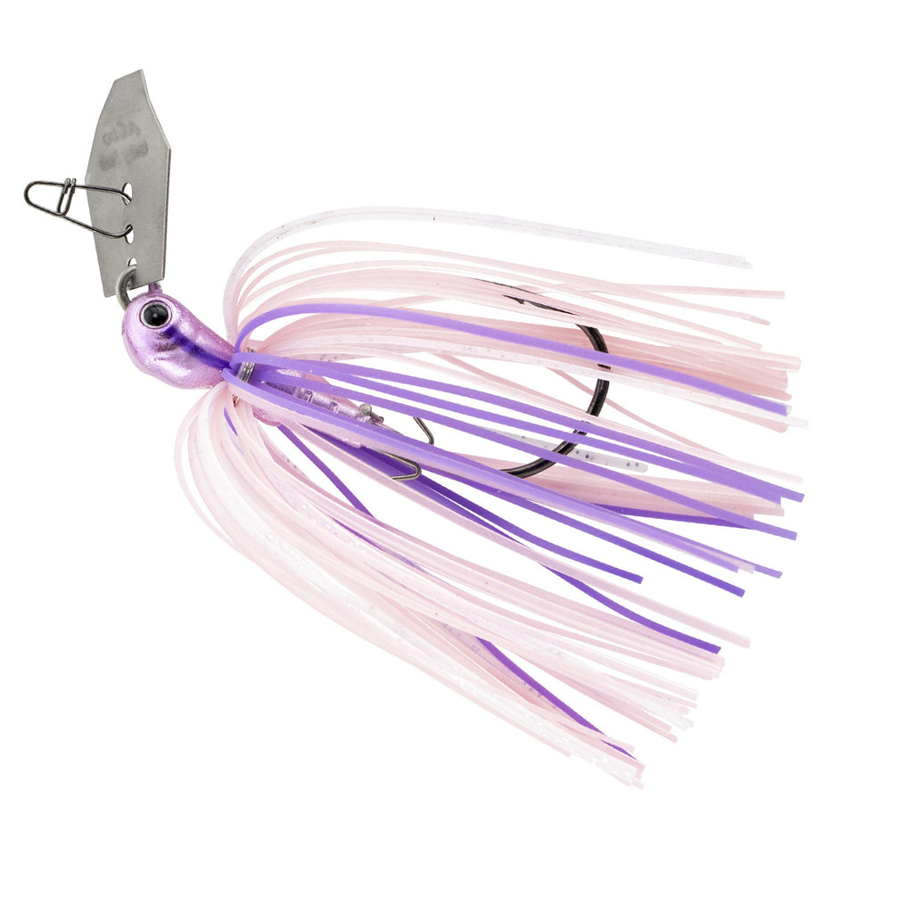 Spinnerbait fishing lure with white-and-purple skirt and silver metal blade