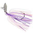 Spinnerbait fishing lure with white-and-purple skirt and silver metal blade