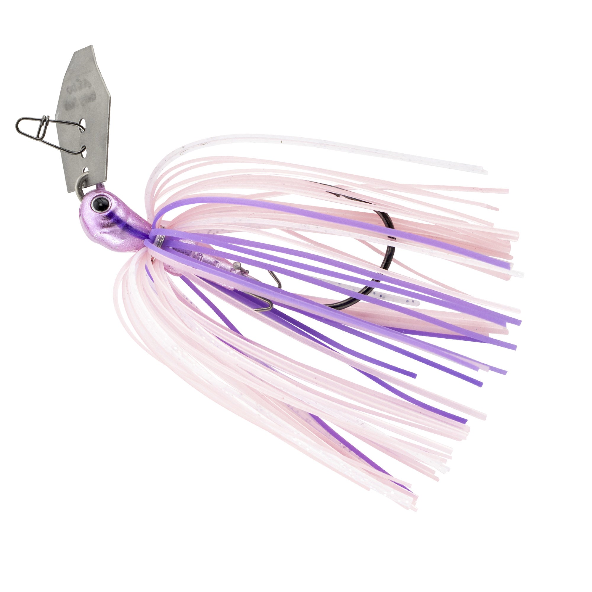 Spinnerbait fishing lure with white-and-purple skirt and silver metal blade
