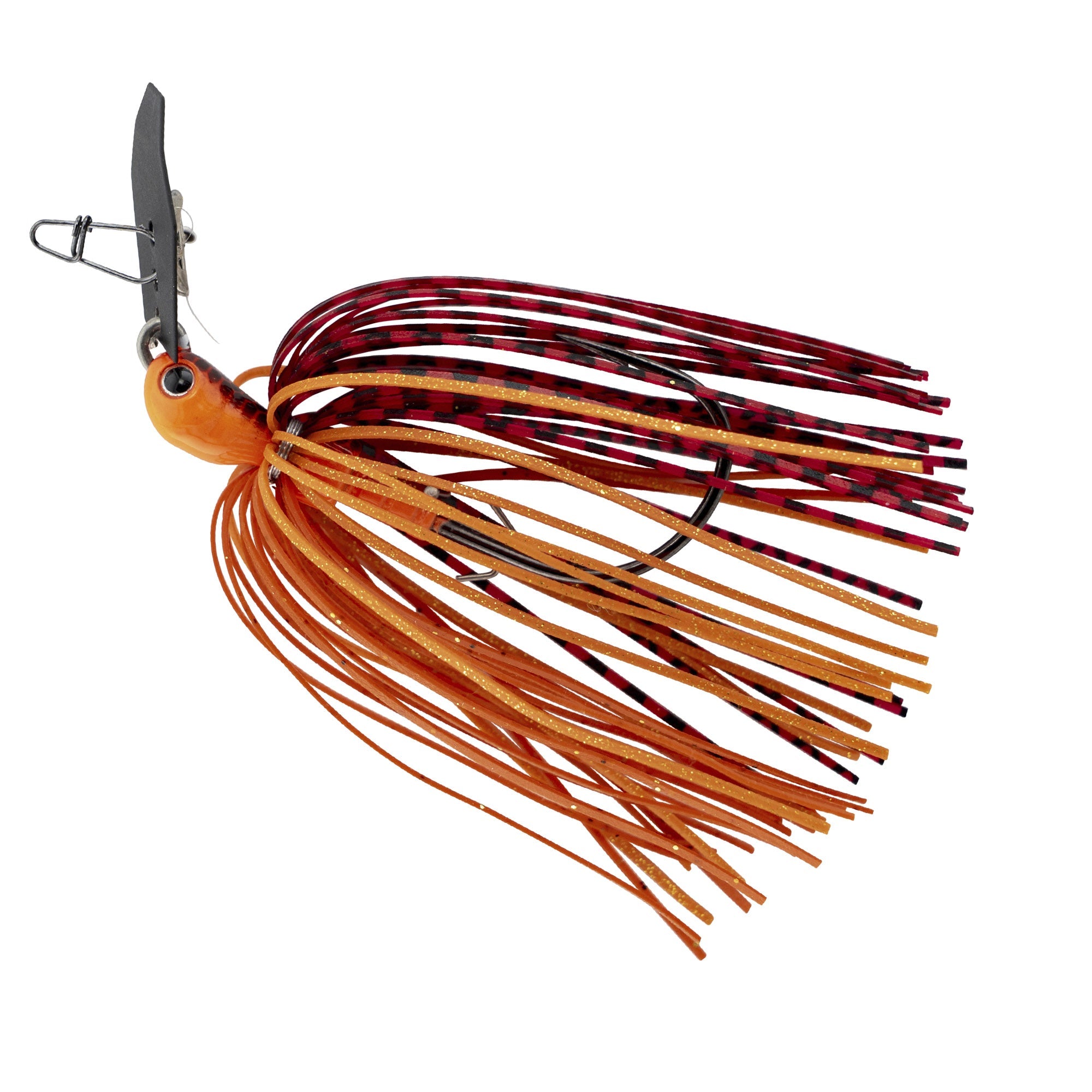Spinnerbait fishing lure with orange and red striped skirt and dark metal blade