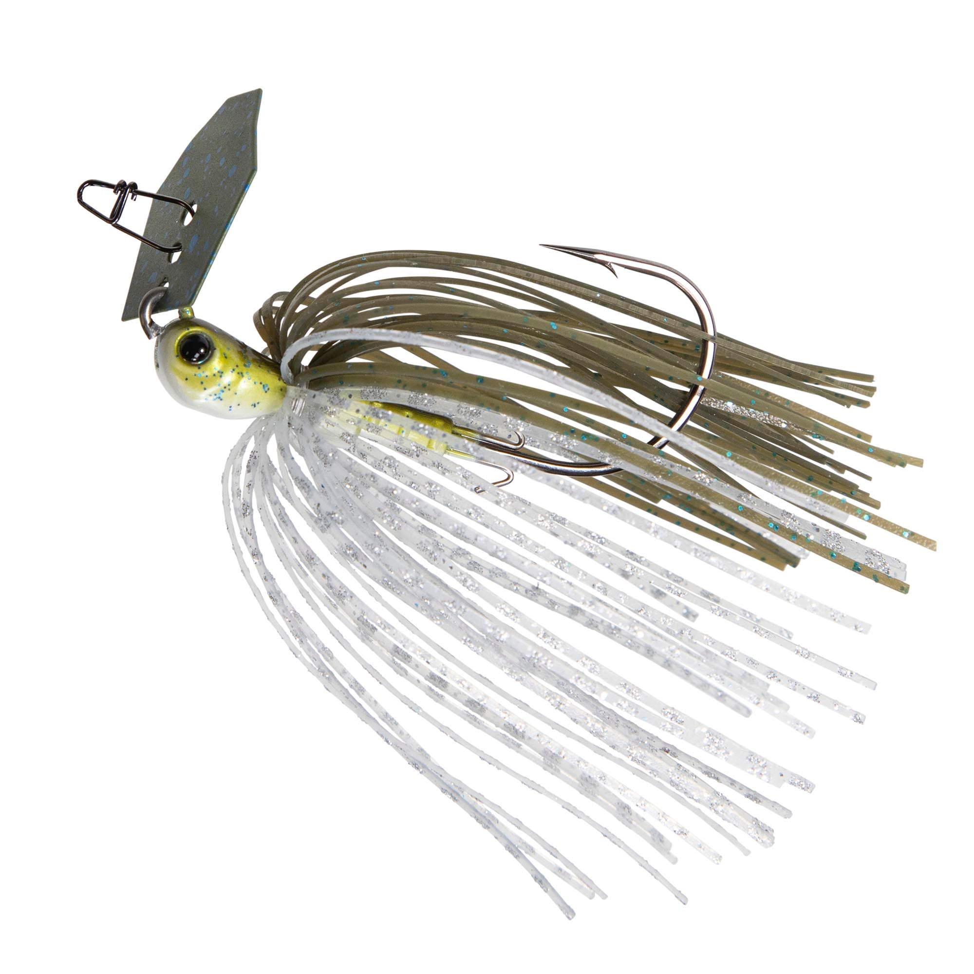 ChatterBait lure with white skirt and olive strands, chartreuse head, and chatter blade