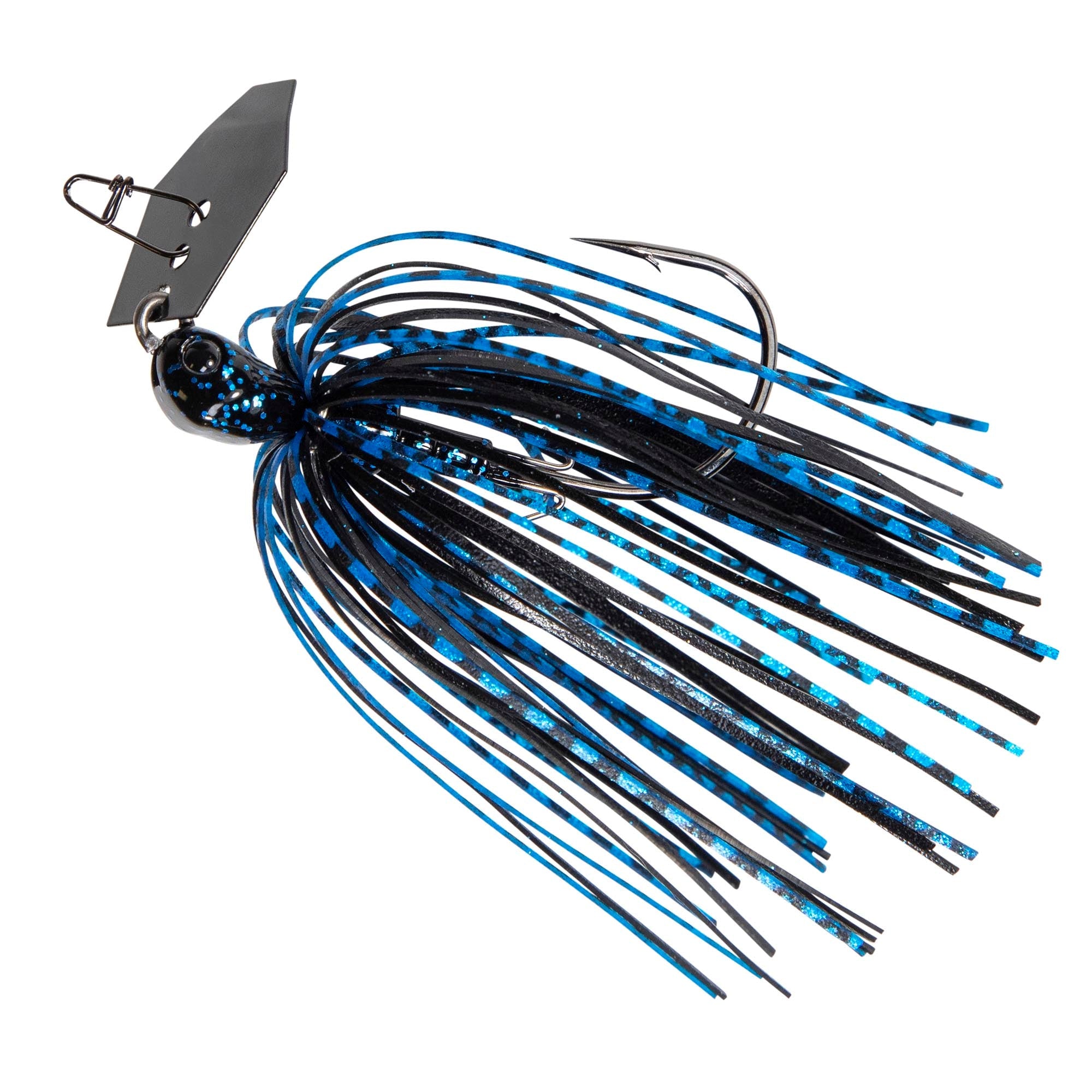 Fishing jig lure with black head, blue skirt strands, and metal spinner blade