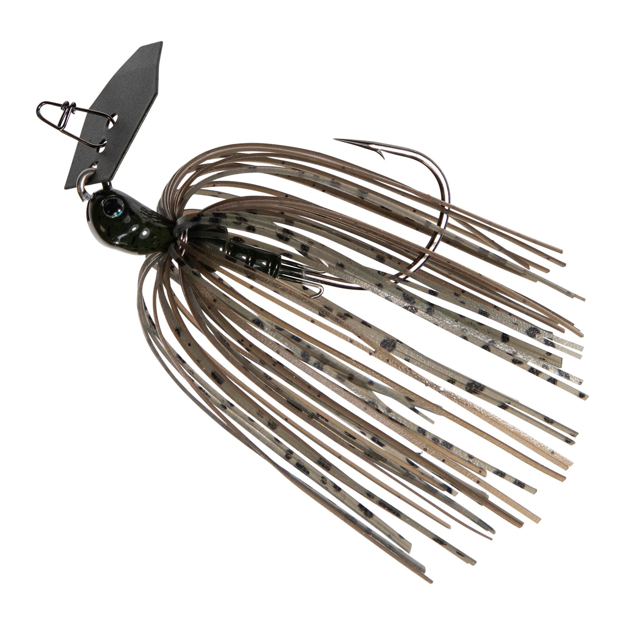 Fishing jig lure with dark head, brown mottled skirt strands, and metal spinner blade