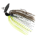 Fishing jig lure with dark head, brown skirt with neon chartreuse strands, and spinner blade