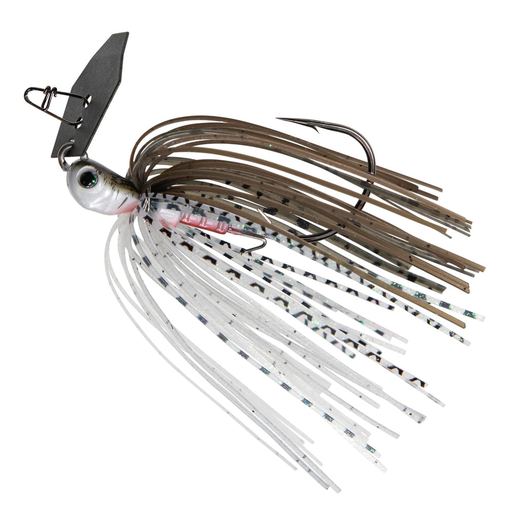 Fishing jig lure with dark head, white skirt with speckled streaks, and spinner blade
